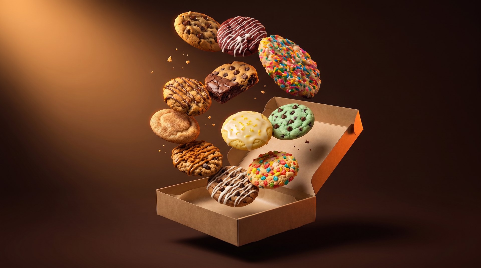 Twelve different cookies falling into an open kraft box