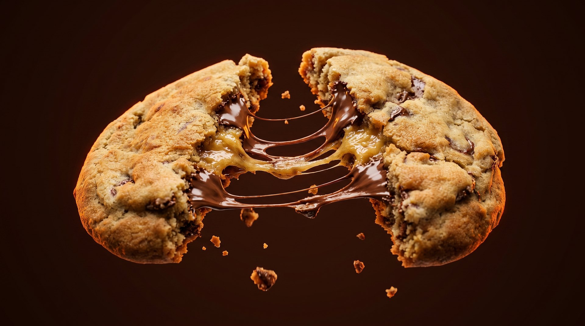 A chocolate chip cookie pulled in half with melted chocolate stretching between the halves