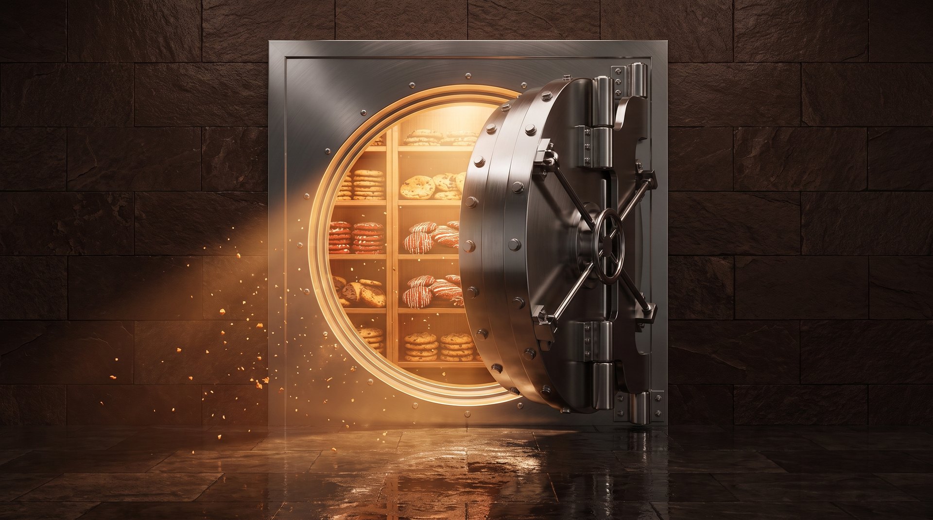 A steel bank vault door swinging open onto shelves stacked with cookies
