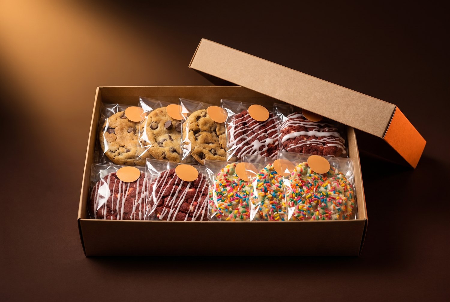 An open gift box holding a dozen individually wrapped cookies