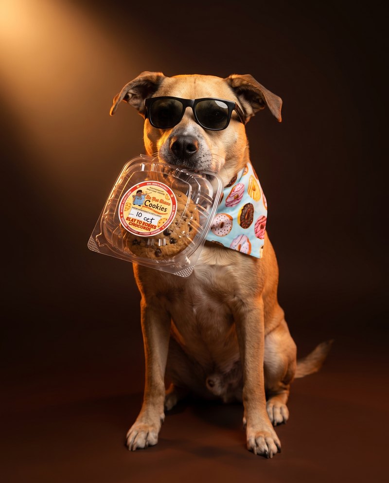 Marty, a tan dog in sunglasses, holding a boxed cookie in his mouth