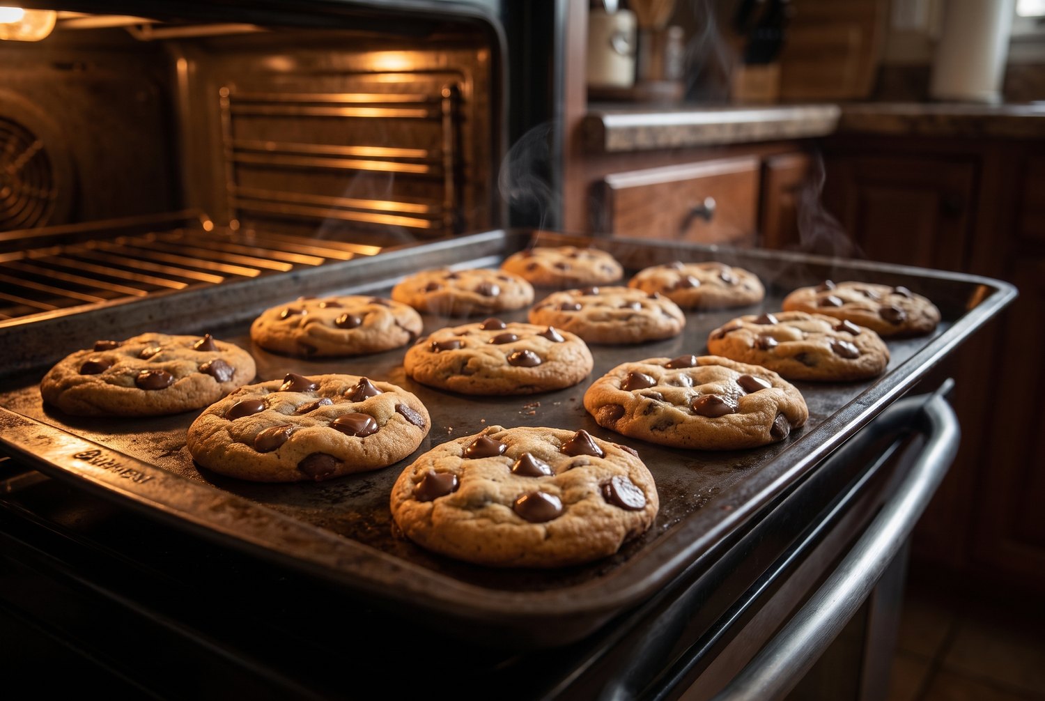 A tray of chocolate chip cookies coming out of the oven